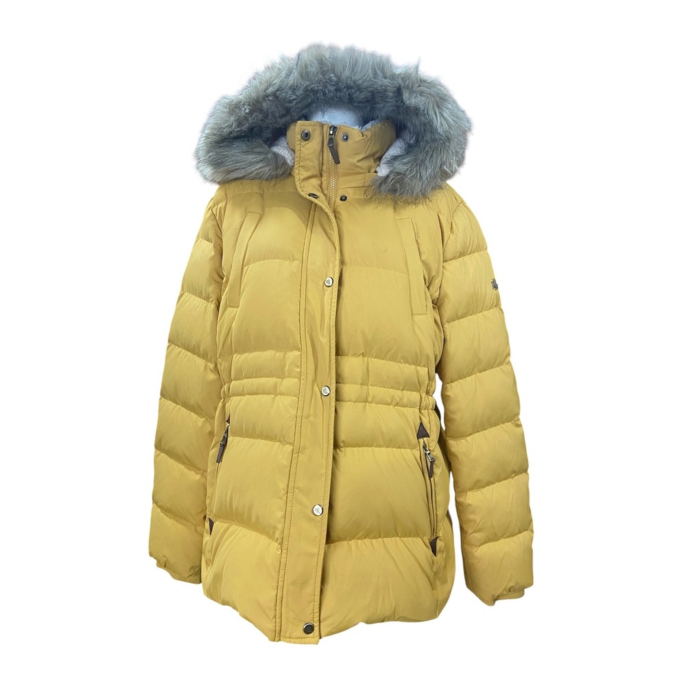 Lauren Ralph Lauren Down Puffer Jacket XL Mustard Yellow Faux Fur Hood